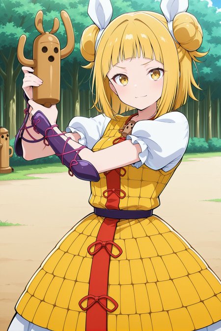 absurdres, highres, masterpiece, best quality, amazing quality, official anime artwork, screencap, anime screencap, outdoors, looking at viewer, light smile, dynamic pose, 
 <lora:Mayumi-Joutouguu_Illustrious:1> joutouguu mayumi, 1girl, solo, yellow eyes, blonde hair, double bun, small breasts,, hair ribbon, white ribbon, haniwa (statue), necklace, yellow dress, armored dress, puffy short sleeves, white sleeves, purple vambraces, holding,