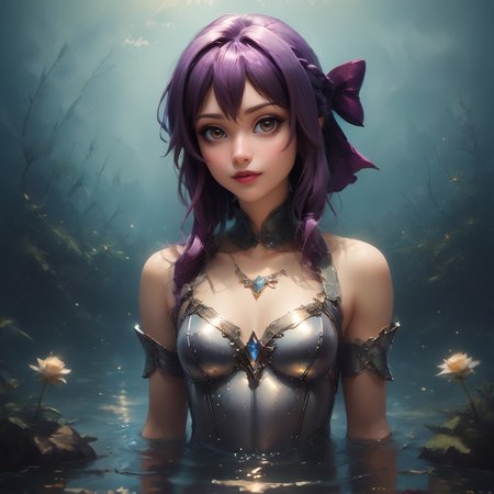 score_9_  score_8, score_8_up, score_7_up,  <lora:ShinoaXL1:1>, SHINOARND, PURPLE HAIR, BROWN EYES, BRAIDED HAIR, PURPLE HAIR BOW, medium breast, slim, short skirt , <lora:Armor from HaDeS XL v3.4 Lite:1>, (silver armor:1.3) ,intricate metalwork, master craftsmanship, detailed patterns, silver plate armor,  (leg armor), exquisite leather work, standing in middle of lake, submerged in water, mowing her fingers thru water, ultimate level of details, masterful lightning, looking at viewer, zPDXL ,  <lora:Smooth Anime 2 Style SDXL_LoRA_Pony Diffusion V6 XL:0.8>, <lora:princess_xl_v2:0.6>, , <lora:add-detail-xl:0.8> anime,  <lora:d4rk01lXLP:0.8> d4rk01l, (incredibly absurdres, (high resolution:1.18), intricate detail, (masterpiece:1.1), (highest quality:1.1), absurdres), best quality