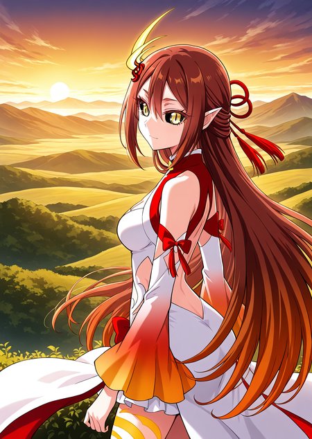 <lora:Yi_Xiang_Feng__Wo_Jia_Dashi_Xiong_Naozi_You_Keng:1>
1girl, solo, long hair, brown hair, straight hair, pointy ears, yellow eyes, slit pupils, , black sclera, hair between eyes, single horn, right side horn, curved horn, yellow horn, red hair ornament, side hair ornament,
white and red outfit, open shoulders, cleavage cutout, tight top, high slit dress, long detached sleeves, wide sleeves, gradient sleeves, yellow-orange gradient, flame pattern, thigh-high design, exposed belly, midriff cutout, short skirt under layer, high slit skirt, layered skirt, long side panels, thigh tattoo, leg markings, glowing patterns, 
score_9, score_8_up, score_7_up, source anime, BREAK, cowboy shot, (from side), looking back, looking at viewer, overlooking mountain, high altitude, scenery, exterior, background