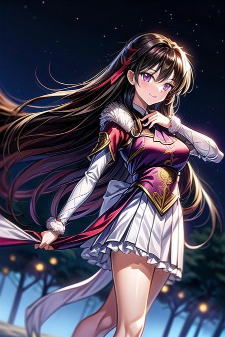 masterpiece,  best quality 1girl Setsun4 solo long hair,  (night time) forest background black hair very long hair purple eyes multicolored hair armor (fur trim) (medium body),<lora:EMS-179-EMS:0.800000>,<lora:EMS-293862-EMS:0.800000> bow, hair_bow, hair_tubes, red_bow, brown_hair, long_hair, bangs, ascot, frilled_bow, yellow_ascot, blush, smile, hair_between_eyes, athletic, armor, miko, ,(((intricate outfit,intricate clothes,embroidered outfit,ornate outfit,embroidered clothes,ornate clothes))),
