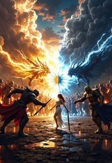 A cinematic scene of an epic war between light and darkness. On one side, radiant warriors in golden armor emerge from swirling fiery clouds, while on the other, shadowy figures in jagged obsidian armor rise from crackling storm clouds. At the center, a golden-robed woman wields a glowing staff, facing a dark-cloaked man gripping a jagged black sword. The reflective, battle-scarred ground mirrors the chaos, with swirling winds, glowing embers, and debris scattered across the battlefield. The clash of celestial light and stormy darkness creates a tense, dramatic atmosphere, embodying the raw power and emotion of their confrontation, NewFantasyCore, mythp0rt