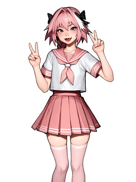score_9, score_8_up, score_7_up, score_6_up, score_5_up, score_4_up, rating_safe
BREAK
astolfo \(fate\), otoko no ko, pink hair, braid,
BREAK
solo, standing, flat chest, pink serafuku, white shirt, pink thighhighs, pink skirt, peace sign,
BREAK
white background, <lora:Lunas-ToxxyT-SDXL-A1:1>
