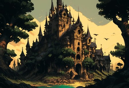 score_9, score_8_up, score_7_up, score_6_up, SFW, <lora:d3p1x3lXLP:1> d3p1x3l, PRSNL_3_1, pixel art, scenery, detailed castle, seen through trees,