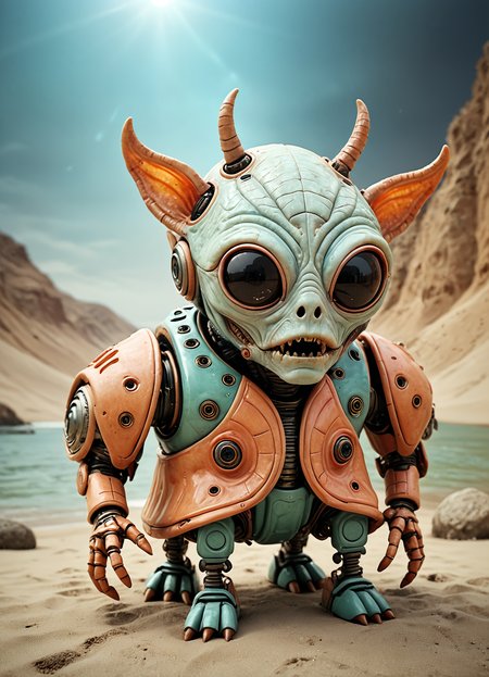 A RAW photograph, of an evil robotic alien. [fine lines, faded freckles] , highly detailed skin, moist lips, [long eyelashes] , [clear separation between lips and teeth] . [subtle expression of joyful excitement] , cinematic flair, (absolute realism) vivid color and contrast. . magnificent, celestial, evil, cinematic, epic, majestic, magical, fantasy photography, cover art, gritty and realistic
 <lora:sss:0.8> <lora:fx-monsters-XL:0.35> <lora:Happy_World:0.6> , subsurface scattering, Photorealistic, Hyperrealistic, analog style, realistic, film photography, soft lighting, heavy shadow