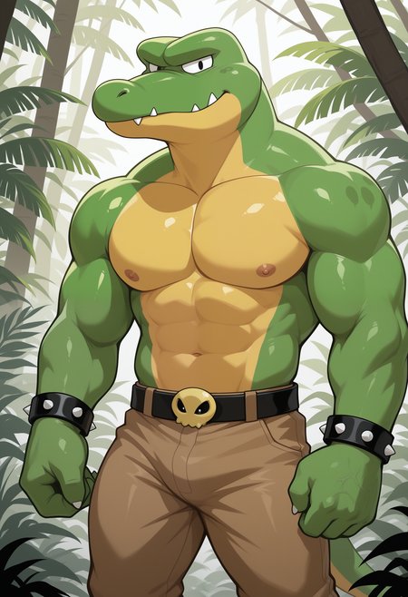 masterpiece,best quality, amazing quality, 1boy, solo, kr1tt3r, gator boy, black eyes, green skin, brown pants, spiked bracelets, black belt, jungle,