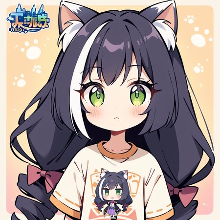 masterpiece, best quality, very aesthetic, absurdres
1girl, karyl \(princess connect!\), animal ears, cat ears, cat girl, multicolored hair, black hair, streaked hair, long hair, animal ear fluff, green eyes, white hair, chibi
<lora:stampsticker:1>, (simple retro design, logo, manga style, 2tone)