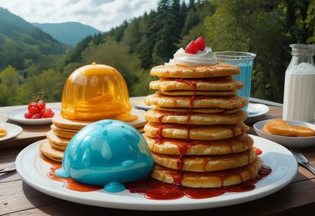 foodphoto, a stack of pancakes made out of slime, slime pancakes, slime syrup, pancakes covered in syrup, a swirl of whipped topping on top of a stack of pancakes, slime whipped cream, plate made of slime, table made of slime,
natural light, no bright spots, 
((translucent slime)), ((transparent slime)), made of water, (bioluminescent slime), sl1m3d, slime, slime-morph, ais-blmn, saturated colors, no creatures, no humans, no monsters, no pokemon, scenery only, scenery,