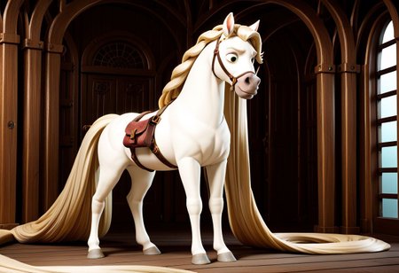 Score_9,  score_8_up,  score_7_up,  original style, 3d disney anime, Maximus the white horse, solo, (A full body image of a horse with endlessly long white Rapunzel-Style hair), (absurdly long white Rapunzel-Style hair:1.4), (meters of hair without end:1.2)