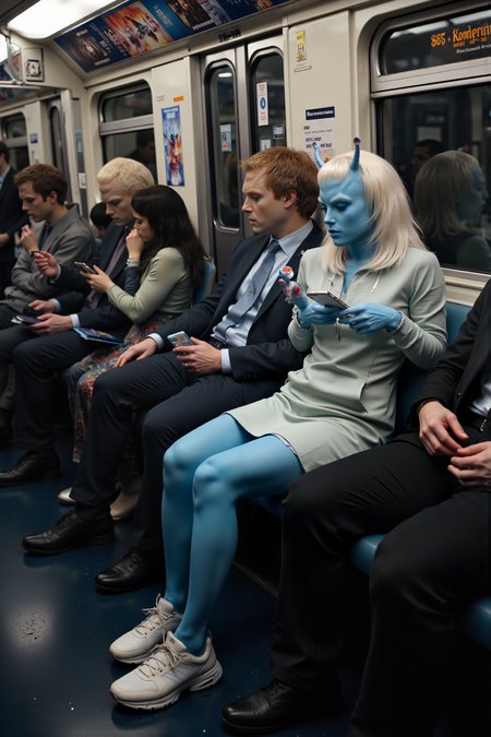 An Andorian woman with icy blue skin and long, sleek white hair is sitting on a crowded subway, dressed in a casual hoodie, leggings, and sneakers. Her antennae perk up as she nervously glances at the smartphone in her hands, trying to figure out how to use the map app for her stop. The passengers around her barely seem to notice, engrossed in their own screens, though a child sitting across from her stares in wide-eyed fascination at her antennae. A businessman standing nearby accidentally bumps into her, causing her antennae to twitch in surprise, but she manages a polite smile. The subway car rattles and shakes as it speeds through the underground tunnels, its dull lights casting a flickering glow on the metallic walls. Posters for local events and concerts are plastered across the car, while the mechanical voice overhead announces upcoming stops. She looks out the window, but her reflectionâblue skin and allâjust stares back at her, adding to her confusion. It's a quiet moment of cultural disconnect as an Andorian navigates the mundane reality of modern city life.<lora:midjourney_whisper_flux_lora_v01:0.55><lora:aidmaMJ6.1-FLUX-V0.1:0.4><lora:FluxMythP0rtr4itStyle:0.4><lora:detailed_flux_ntc:2.2><lora:aidmaImageUpgrader-FLUX-V0.1:0.65><lora:andorian_FLUX>