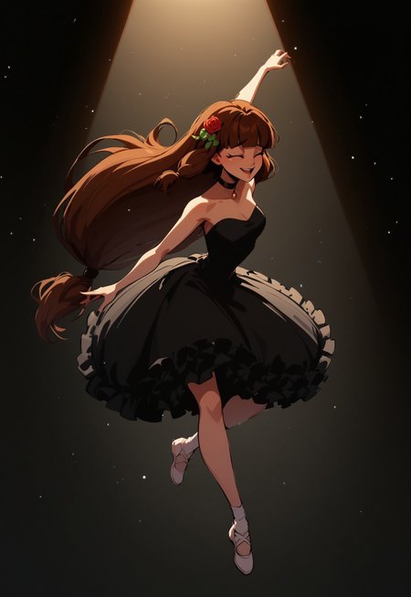 safe_pos, Blend_in, black background, score_9, score_8_up, score_7_up, masterpiece, best quality, absurdres, highly detailed, (high contrast, spotlight), (from above:0.6), (suspended dust particles:1.2), mature, stunning, 
BREAK 
1girl, solo, imtdlilaross, long hair, low-tied long hair, green eyes, blunt bangs, brown hair, rose (flower) hair ornament, hair tubes, (thin black choker:1.4), strapless ballerina attire, bell tutu, pitch black clothes, (white ballerina pointes), arabesque, dynamic pose, open legs, stage performance, smile, closed eyes