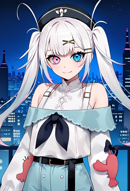 1girl, solo, solo focus, highres, absurdres, Retsubol, twintails, hair ornament, long hair, blue eyes, white hair, heterochromia, bangs, hair clip, pink eyes, multicolored hair, pink hair,
hat, black headwear, 
off shoulder, bare shoulders, blue shorts, white shirt, long sleeves, bow, black belt, upper body, flat chest, black neckerchief,
looking at viewer, smile, head tilt, holding own arm,
cityscape, night, night sky, dark, backlighting, silhouette,