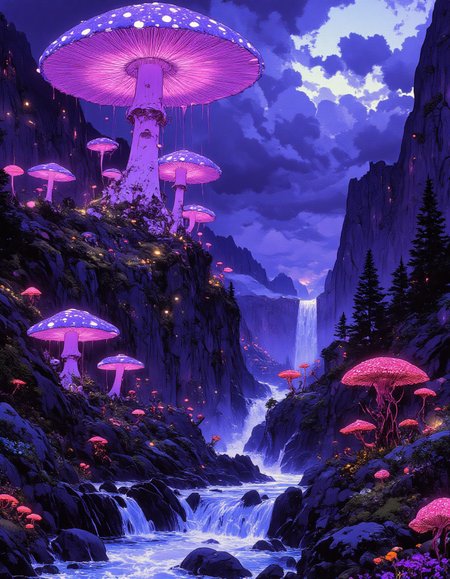 A surreal, otherworldly fantasy landscape featuring gigantic glowing mushrooms with luminous purple caps towering over misty mountains. The sky is dark and filled with swirling, mystical clouds illuminated by an eerie bluish glow, creating an ethereal, dreamlike atmosphere. A winding, crystal-clear river with cascading waterfalls flows through a lush, shadowy forest, reflecting the purple and blue hues from the sky. The terrain is rocky with scattered moss and small fungi, adding intricate details. The scene has a magical, bioluminescent vibe with an alien-like ambiance, emphasizing vibrant neon purples, blues, and subtle highlights. Highly detailed, atmospheric lighting, and cinematic fantasy style