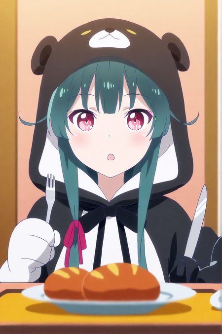 masterpiece, best quality, anime screencap,  Yuna, Main Outfit, :o, blurry foreground, bread, food, fork, holding, holding fork, holding knife, indoors, knife, looking at viewer, open mouth, plate, sitting, solo, upper body  <lora:JN_Yuna_Kuma_Illus:0.8>
