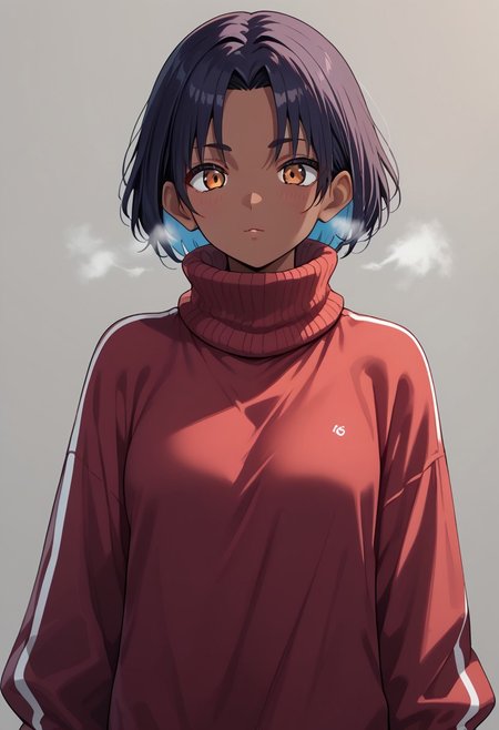 yoruhachi, thick line art, simplified style, stylized, solo, score_7_up, score_6_up, BREAK, source_anime, dark skin female, black, oversized turtleneck, visible breath, shiny clothing, shiny hair