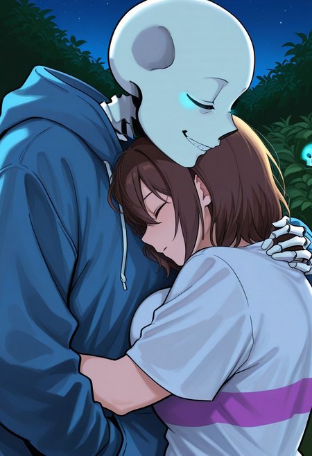 score_9, score_8_up, score_7_up, score_6_up, aoj_sr, 2d, source_cartoon, 
night,garden,closer look, close view, duo,
(1male,s4ns,skeleton,one blue glowing eyes,skull,skeleton arms,skeleton body,oversized,white t-shirt),
holding, face to face, sideview, hugs, head on chest,
(1woman,frisk,woman,closed eyes,brown hair,blue hoodies,big breasts,short hair),