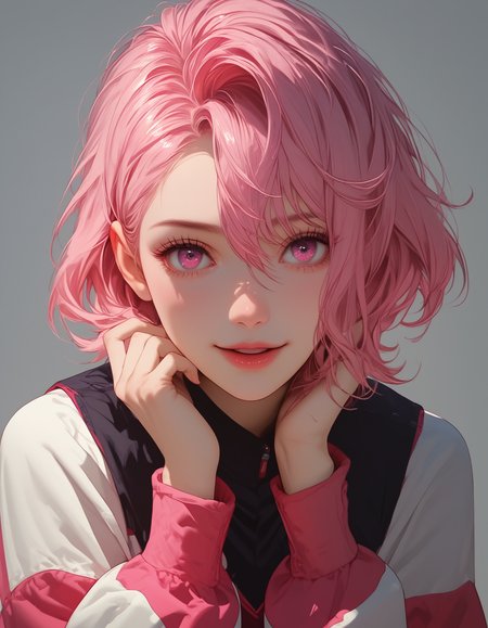 zPDXLxxx, Expressiveh, 

shiratori aira, pink hair, short hair, pink eyes, solo, open mouth, 1girl, hair between eyes, looking at viewer, long sleeves, jacket, school uniform,

small breasts, natural sagging breasts,

score_9, score_8_up, score_7_up,score_6_up,

highres, high quality, perfection, masterpiece, detailed, source_anime, simple white background, 1girl, solo, front view portrait, face focus, intricate features, beautiful girl, young adult, youthful, petite body, detailed face, beautiful face, innocent face, eyelashes, perfect eyes, detailed eyes, medium breasts, clothed, standing, smiling, looking at viewer,