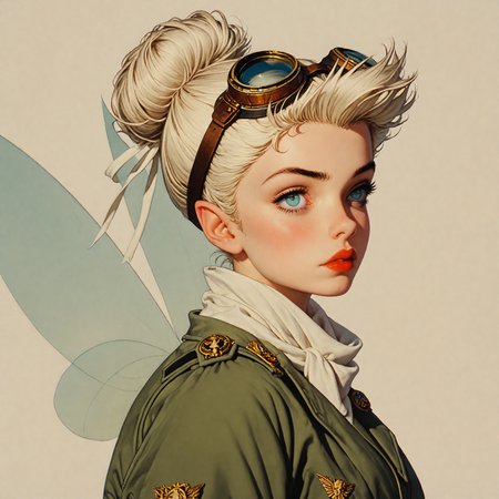 score_9, score_8_up, score_7_up, score_6_up, ArsMJStyle, Colored pencil hyperdetailed realism, 1girl, sideview, Tinkerbell, 1girl, solo, fairy, glowing, blonde hair, single hair bun, pointy ears, makeup, fairy wings, medium breasts, big round eyes, big blue eyes, The image is a portrait of a fairy woman wearing futuristic-looking goggles.  The goggles are green and have a pair of ribbons attached to them. The woman is wearing a green jacket with a white fur collar and a silver scarf tied around her neck. She has a flying skull emblem on her chest. She is also wearing red lipstick and has her hair styled in a bob. The background is a light beige color. The overall style of the image is reminiscent of a vintage or retro aviator or pilot's uniform, close up  <lora:dark:0.15> <lora:PerfectEyesXL:0.7> <lora:xl_more_art-full_v1:0.3>  <lora:Tinkerbell_Peter_Pan_1953:1>  <lora:HyperdetailedColoredPencilV2:1>