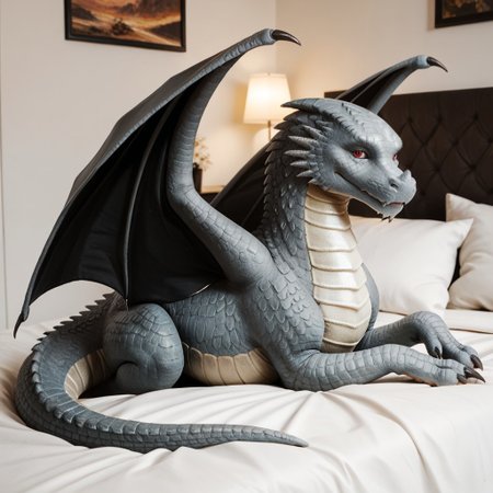 score_9, score_8_up, score_7_up, score_6_up, score_5_up, score_4_up, masterpiece, high quality, realistic, detailed, best quality, white bed, solo, rating_safe, source_furry, bedroom, smiling, seductive, ((looking at viewer)), lying on belly, detailed eyes, feral, maverick_awsw, dragon, gray scales, tail, scales, claw, wings, red eyes, 1boy, male, (close up, full body)