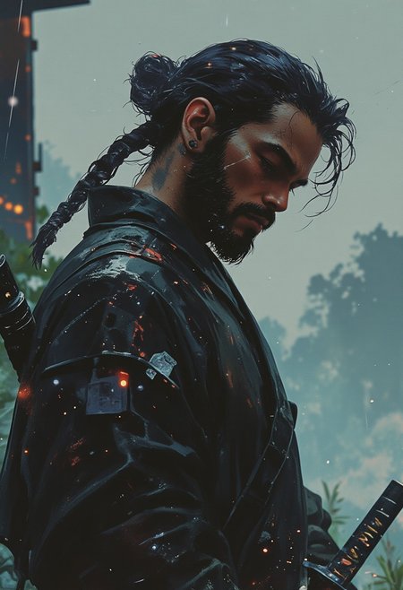 A hyper-realistic close-up scene of a rugged samurai, male, with a black overgrown beard and long, unkempt hair tied into a loose man bun. His head is bowed, eyes cast downward in silent despair, as rain falls heavily over him. Water streams down his weathered face and soaks into his dark, mud-streaked samurai robe. Strands of wet hair stick to his forehead, and his expression carries the weight of loss. Gripped loosely in his right hand, the hilt of his katana rests against the ground—its blade sheathed, slick with rain, and reflecting faint light through the mist. The background reveals a dense rainforest, blurred by thick fog and steady rainfall, creating a somber, introspective atmosphere around the weary warrior.