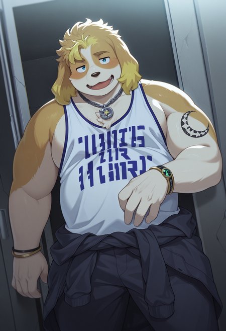 masterpiece, best quality, amazing quality, solo, 1boy, HisakiLAH, white tank top, necklace, jacket around waist