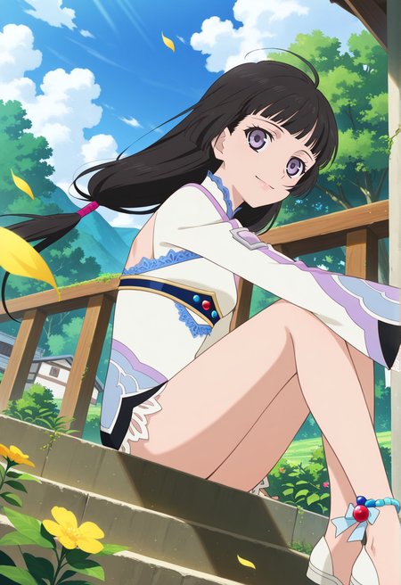 floating hair, light smile, yellow leaves,  overgrown plants,  stairs, sitting on stairs,
full body, dynamic angle,  
BREAK,
<lora:kohak_illustriousXL_v03:1.4>
kohakdef, black hair, purple eyes, very long hair, blunt bangs, ahoge, low tied hair, twintails,
white bodysuit, long sleeves, wide sleeves, lace, back cutout, laced sleeves,
bare legs, long legs, white footwear, pointe shoes, flat shoes, 
single anklet, blue anklet,, source_anime, very aesthetic, anime coloring, masterpiece, 
best quality, amazing quality, ultra detailed, very aesthetic, 
detailed background, 
BREAK,, village, trees, flowers, clouds, day,