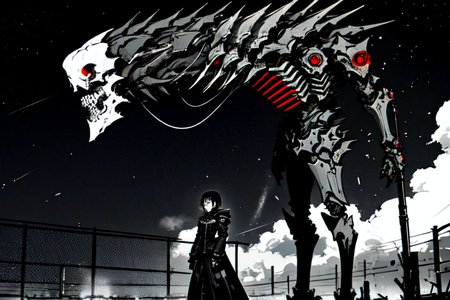 highly insanely detailed, masterpiece, top quality, best quality, highres, 4k, 8k, RAW photo, (very aesthetic, beautiful and aesthetic),  
tsutomu nihei,nihei_tsutomu,blame!,blame gakuen!,abara,TNstyle,sidonia_no_kishi,fence,tentacles,walkway,light particles,star \(sky\),starry sky,cables,tubes,industrial pipes,machinery,mist,steam,smoke,foggy,drainpipe,gauna,gauna mech,clouds,bones,letterboxed,buildings, 
<lora:ABARA:0.6>, 
(1girl:1.3), 
solo focus, 
pure cyan background,pure black background,pure red background,(multicolored background),âââ