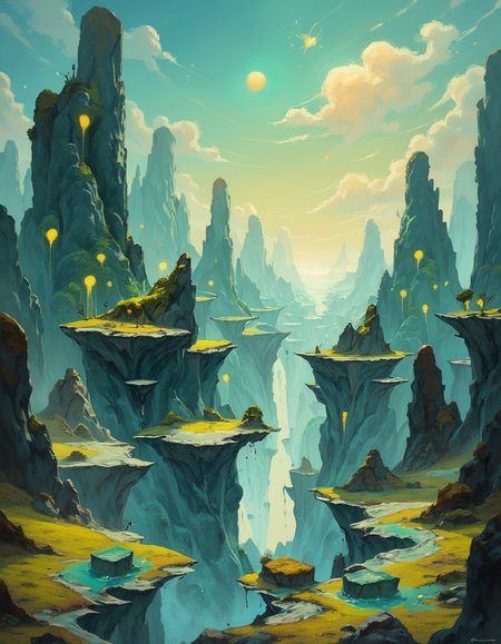 score_9, score_8_up, score_7_up, score_6_up, pale, surreal landscape with floating islands connected by glowing, crystalline bridges. Each island is home to a unique environment, ranging from lush jungles to barren deserts, all under a swirling, kaleidoscopic sky, highly detailed <lora:ponys-dream:.9>