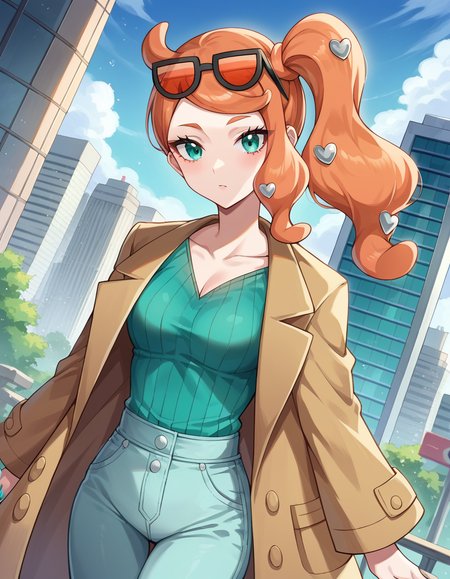 score_9, score_8_up, score_7_up, source_anime,
pokemonsonia, <lora:pokemon-sonia-ponyxl-lora-nochekaiser:1>
pokemonsonia, aqua eyes, heart, heart hair ornament, long hair, long sleeves, orange hair, side ponytail, swept bangs,
aqua footwear, aqua nails, aqua shirt, brown coat, brown jacket, coat, collarbone, eyewear on head, jacket, long sleeves, orange-tinted eyewear, pants, ribbed shirt, shirt, sunglasses, tinted eyewear,
outdoors, cityscape,
looking at viewer, cowboy shot, dutch angle,