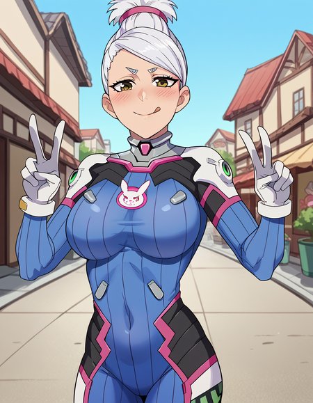 score_9, score_8_up, score_7_up, source_anime, <lora:saeko-ayase-s1-ponyxl-lora-nochekaiser:1>, saeko ayase, long hair, large breasts, white hair, brown eyes, anime screencap,, <lora:overwatch-dva-cosplay-ponyxl-lora-nochekaiser:1>, overwatch dva cosplay, d.va (overwatch) (cosplay), bodysuit, cosplay, covered navel, skin tight, vertical-striped bodysuit, streets, smile, blush, v, v over eye, tongue out, cowboy shot, looking at viewer, , dutch angle, cowboy shot