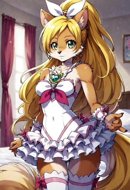 score_9, score_8_up, solo, 1girl, standing, bedroom, bare shoulder, bare arms, breasts, leotard, thigh highs, MegaFluffyPony, furry, fluffy, MegaScalyPony,    curerhythm