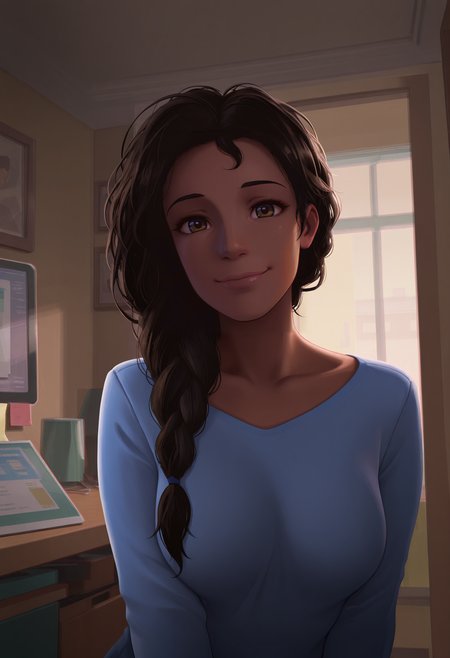 1girl,solo,Rio,mature female,dark skin,long hair,brown hair,braid,brown eyes,
shirt,upper body, looking at viewer, smile,indoors
,masterpiece,best quality,amazing quality,<lora:Rio_Morales-Spider-Verse:0.8>
