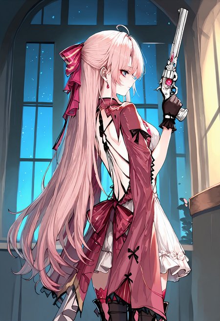 (masterpiece,best quality), hito komoru, (sheya:0.8), icomochi, momoko \(momopoco\), 1girl, carlotta, pink hair bow, black gloves, pink thighhighs, thigh boots, holding pistol, arm raise, from behind, closed mouth, moonlight, night, window, backlighting, <lora:carlotta-wwIL-v1a-000007:0.9>