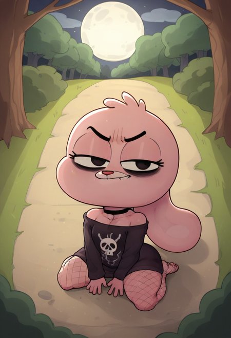 score_9, score_8_up, score_7_up, SFW, 1girl, solo, smug expression, curvy, wide thighs,long torso, wide hips, slim waist, tall woman, source_cartoon, cute, smug expression, black mascara, furry, rabbit, Anais_TawoG, black eyes, light pink skin, black eyebrows, red nose, white rabitt tail, big eyes, short stature
 Dop Style, detailed collarbone, black choker, choker, extremely detailed shoulders, dynamic pose, posing for viewer, goth knit sweater, intricate black gothic sweater, shoulders visible, skull logo on sweater, skull print sweater, knit sweater,thick black fishnet stockings, thick fishnet stockings, looking at viewer, bare feet, kneeling, kneeling in floor, on floor, kneeling,
Break,scary woods, dramatic moon lighting, outside, night, dark woods, outdoors, moon light,(detailed:1.22), shading, trees, redwood trees, dirt floor, grassy floor, gothic atmosphere, nature, dramatic shading, (creepy forest theme:1.1), (highly detailed background:1.3),