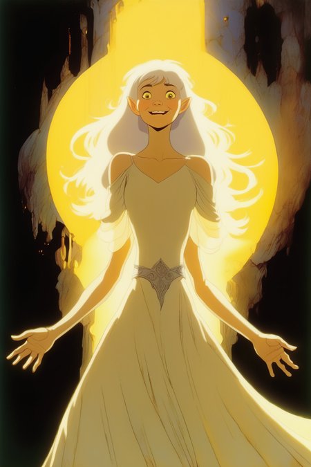 <lora:Ralph Bakshi Style:1>Ralph Bakshi Style - ralph bakshi animated movie cartoon stills of an elven girl with white hair, silver eyes, and a pale yellow dress, bright golden light coming from her outstretched hands