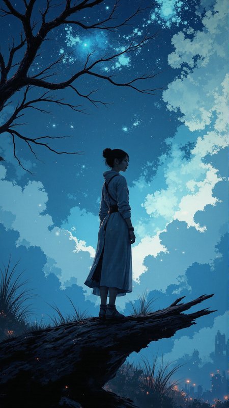 Here's your eye-catching image prompt:  In mid-air, a wild wolf stands at the edge of a seemingly endless, iridescent lake, its fur dissolving into a misty aura that shimmers with an otherworldly glow. The wolf's back is turned towards us, its sleek body silhouetted against the vibrant blue hues of the celestial sky. Its eyes, two gleaming orbs of chrome, pulse with an ethereal light, as if infused with the essence of the stars.  In the background, a futuristic cityscape rises from the fog, its skyscrapers and sp, Ethereal Brush Anime  aidmafluxproultra, <lora:Ethereal_Brush_Anime_v1.0.safetensors:0.8> Ethereal Brush Anime <lora:aidmaFluxProUltra-FLUX-v0.1.safetensors:0.5> aidmafluxproultra