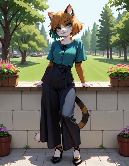 masterpiece, best quality, very aesthetic, absurdres,
outdoors, casual, 
full body, standing, posing, 
seductive smile, parted lips, long eyelashes,
 <lora:Kawa_v01_NAIXL:1>
K4w4,1girl,solo,furry,furry female,cat girl,short hair,multicolored hair,cat ears,aqua eyes,slit pupils,snout,animal nose,whiskers,body fur,two-tone fur,cat tail,striped tail,