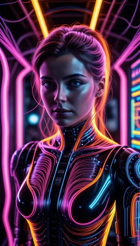 colorful chaos, vivid colors, striking visual design, <lora:add_detail:0.75>, <lora:sharpen-soften:-0.2>, <lora:stylesqueeze_v2:0.25>, <lora:realistic:0.25>,
1 girl, adult  woman, chubby, hazel eyes, auburn half-up half-down hairstyle, portrait, solo, upper body, looking at viewer, detailed background, detailed face, (<lora:1970RetroFuturism:0.6>, 1970retrofuturism, 1970s theme:1.1), android, cyborg, mechanical limbs, mechanical eyes, wires,  advanced technology, dynamic pose, emotionless,  artificial intellgience, steel, digital implants, nanobots, electronics, gadgets, powered by electricity, holograms, particle effects, bright  lights, neon colors, cables in background, cinematic atmosphere, <lora:isobug:0.75> <lora:speedy1p5:1.15>