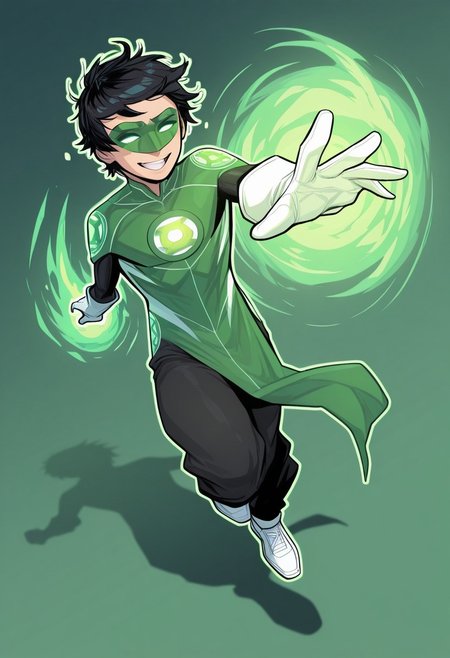 masterpiece, absurdres, high quality, perfect anatomy, 1boy, solo, cute boy, male focus, TaiPham, Black Hair, Green Lantern Ring, Green Lantern Costume, Green and Black Bodysuit, Green Domino Mask, White Eyes, White Gloves, Pelvic Curtain, Black Pants, White Shoes, Glowing Green Outline, Green Energy Aura, floating, levitating, big smile, cinematic, intricately detailed illustration, depth of field, masterpiece, best quality, amazing quality, very aesthetic, absurdres, newest, very awa,  shadow, dynamic angle, casual cosplay, dynamic pose, simple background, green theme, Arwe, Dynamism, Foreshortening