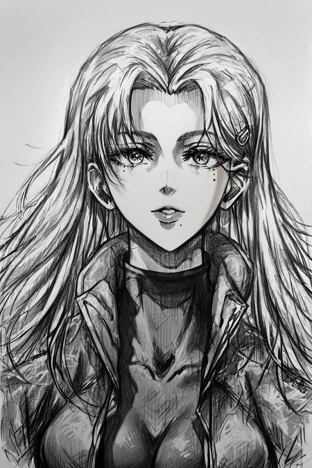score_9, score_8_up, score_7_up, score_6_up, score_5_up, score_4_up, <lora:Miu_Furinji-000006:0.7> , miu, white hair, long hair, mole under right eyes, slim waist, large breast, jacket, bodysuit, hairclip, <lora:drawing_style_pony:1>, drawing_style, drawing, sketch, 1girl, solo, alone, lines drawing, monochrome, greyscale, masterpiece, highres