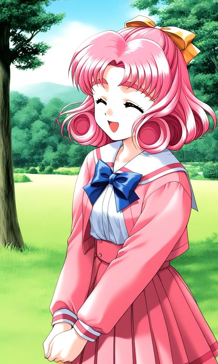 general,highres, ultra-detailed,very aesthetic,best quality ,best hands, BREAK <lora:Minagawa_Nana_kakyuusei_Ver2.0_IS:1>
Minagawa_Nana(kakyuusei), 1girl, solo, pink hair, short hair, hair bow, ribbon, closed eyes, curly hair, 
school uniform, long sleeves, bangs, pink skirt, pink jacket, pleated skirt, blue bow, white shirt,
smile, v arms, cowboy_Shot, open jacket,
open mouth,
grass, tree, sky, day,