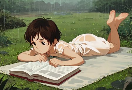 score_9, score_8_up, score_7_up, score_6_up, score_5_up, score_4_up, official art, source_anime, anime screencap, ghibli_style, (Perfect Hands and fingers), (Perfect feet and perfect toes), perfecteyes, posmach, perfectly detailed face and body and eyes, perfect mouth, Satsuki_Kusakabe, brown hair, short hair, black eyes, 1girl, flat chest+++, white dress, sundress, wet dress, no pants, barefoot, solo, lying, rain, on_stomach, laying on stomach, reading book, book, soles, outdoors, grass, outside
