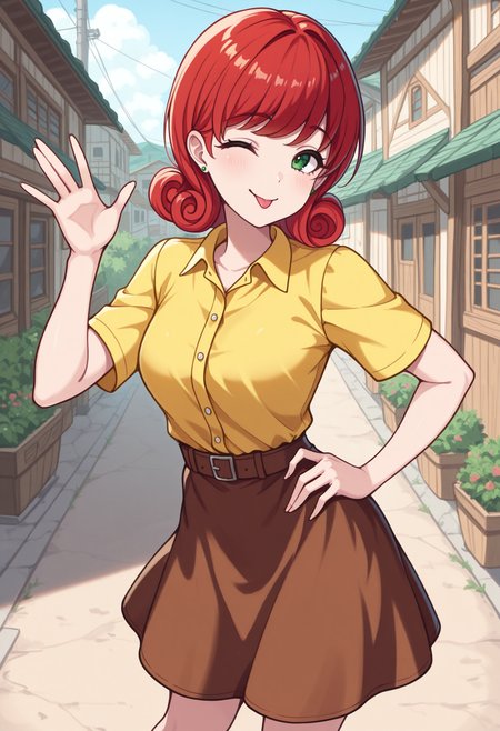 masterpiece, best quality, solo, 1girl,  <lora:NSPennyStardewIllu:1> NSPennyBase, green eyes, medium hair, red hair, curly hair, green earrings, stud earrings, yellow shirt, collared shirt, short sleeves, brown skirt, hand on hip, waving, rural town, smile, one eye closed, tongue out