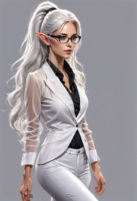 Full body Fantasy young tall elf woman, very long legs, medium breasts, (saggy breasts:2), in an elegant white office jacket and pants, necktie, very tight black silk gilet under her breasts like a corset, over a white see through linen shirt, braless, black thin glasses, sharp glare, fingers on glasses, very long white hair in a straight ponytail long under her buttocks.
Studio light, gray background.
Hyper realistic, HDR, 8K, Trending on Artstation, very detailed, sharp