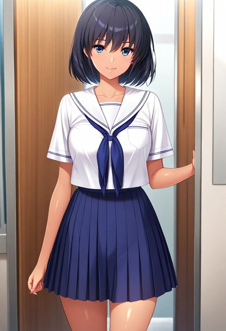 KawaYuuki, KoiAmstyle, tan, (absurdres, best quality, masterpiece:1.4), amazing quality, highres, newest, detailed, detailed body, detailed face,  beautiful, looking at viewer, 
BREAK
1girl, solo, black hair, Short hair, Blue eyes, white serafuku, blue neckerchief, blue pleated skirt,  smile, standing