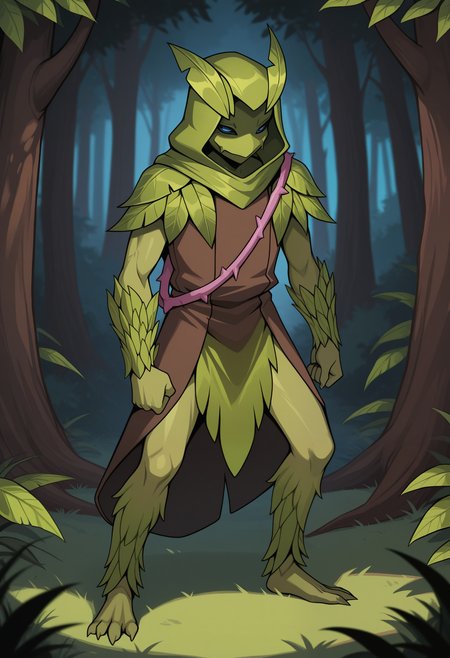 masterpiece,best quality,amazing quality, 1boy, solo, s3dg3, plant boy, blue sclera, white eyes, green skin, leaf capelet, hood up,  brown coat, leaf shoulder pad, pink thorn strap, leaf loincloth,  full body,