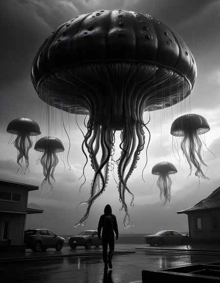 intimidating horrific alien arival:1.3 ,ultra detailed, ultra realistic, futuristic jellyfish flying in alien xenamorph sky, hostile black stormy:1.5 sky, Monsoon-like Rain <lora:ral-chrosc-bw:1> ral-chrosc-bw