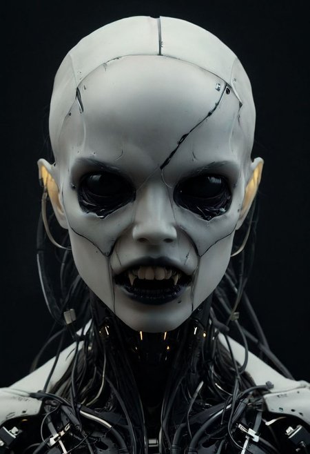 Closeup Portrait of DARK outworn Sci-fi Cyborg with translucent vampire teeth, wires and cables implementation overall face, zavy-bcklt,