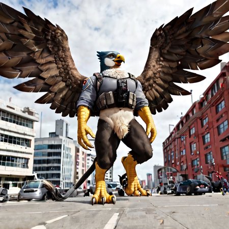 Cybernetic griffon guarding a high-tech fortress in a floating city"
A fusion of mythological strength and futuristic design, this griffon combines organic wings and talons with cybernetic enhancements, standing vigil in a city of floating buildings.