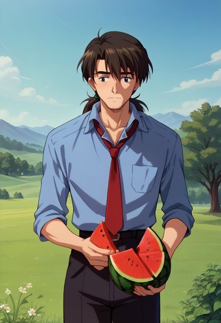 score_9, score_8_up, score_7_up,   source_anime,  kaji_blueshirt, <lora:Degen_Rouji_Kaji:1>,  pants, closed mouth,  low ponytail, adjusting necktie, red tie,
((holdind watermelon)), blue sky, hills, beds, grass,