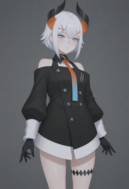 masterpiece, best quality, amazing quality,,, shiny skin,,,,,,,,nijilevi,,blue eyes,white hair,horn,pail skin,short hair,hairclip,nijilevicos,collared shirt,bare shoulder,gradient necktie,puffy long sleeves,white cuffs,black gloves,single thigh strap,